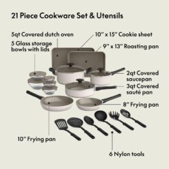 bella 21 Piece Kitchen Set with EverGood Ceramic Nonstick Coating, Dishwasher & Oven Safe, All Stovetops Compatible, Tempered Glass Lids & Cool Touch Handles, Oatmilk