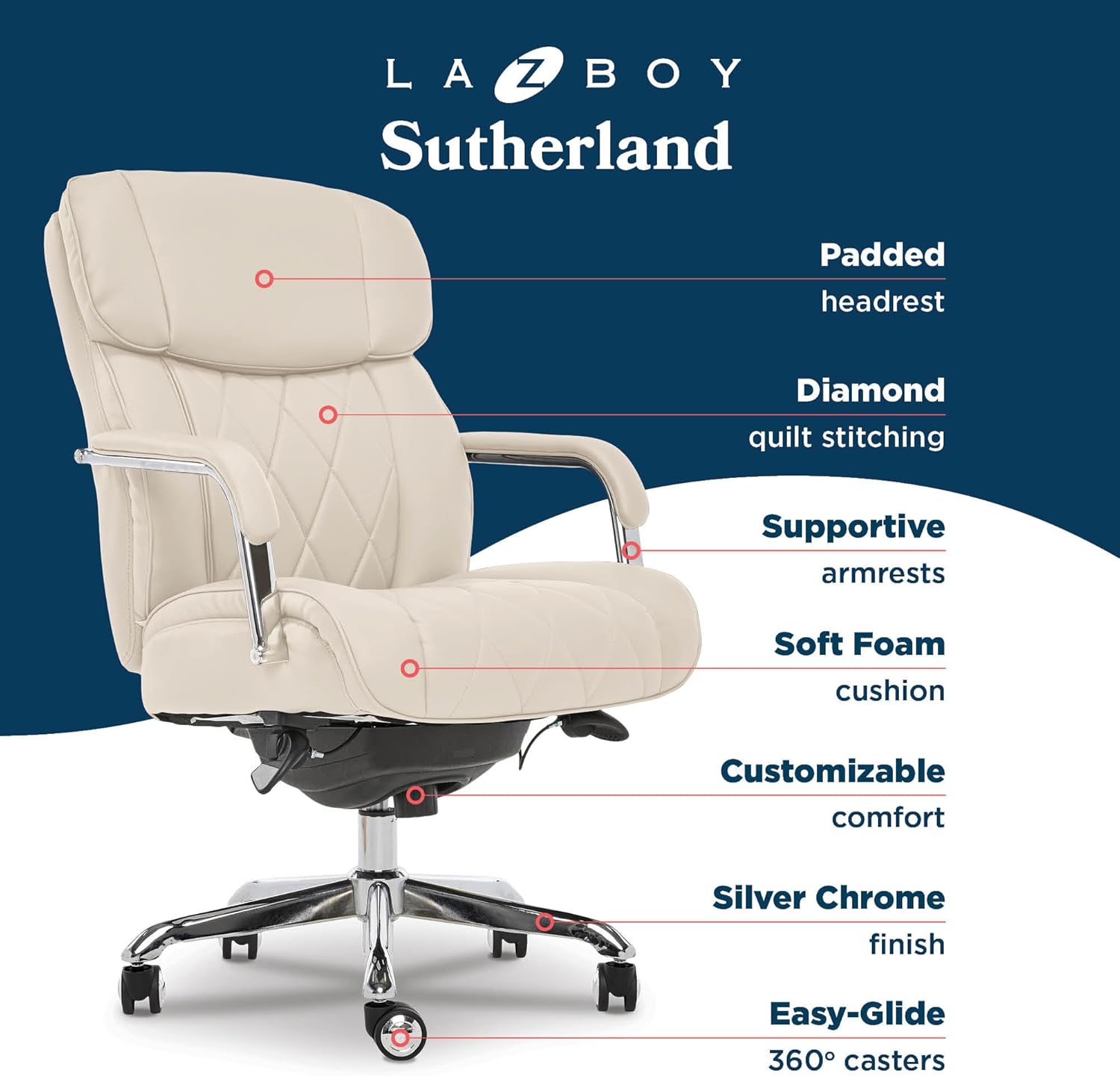 La-Z-Boy Sutherland Quilted Executive Office Chair with Padded Arms, Ivory