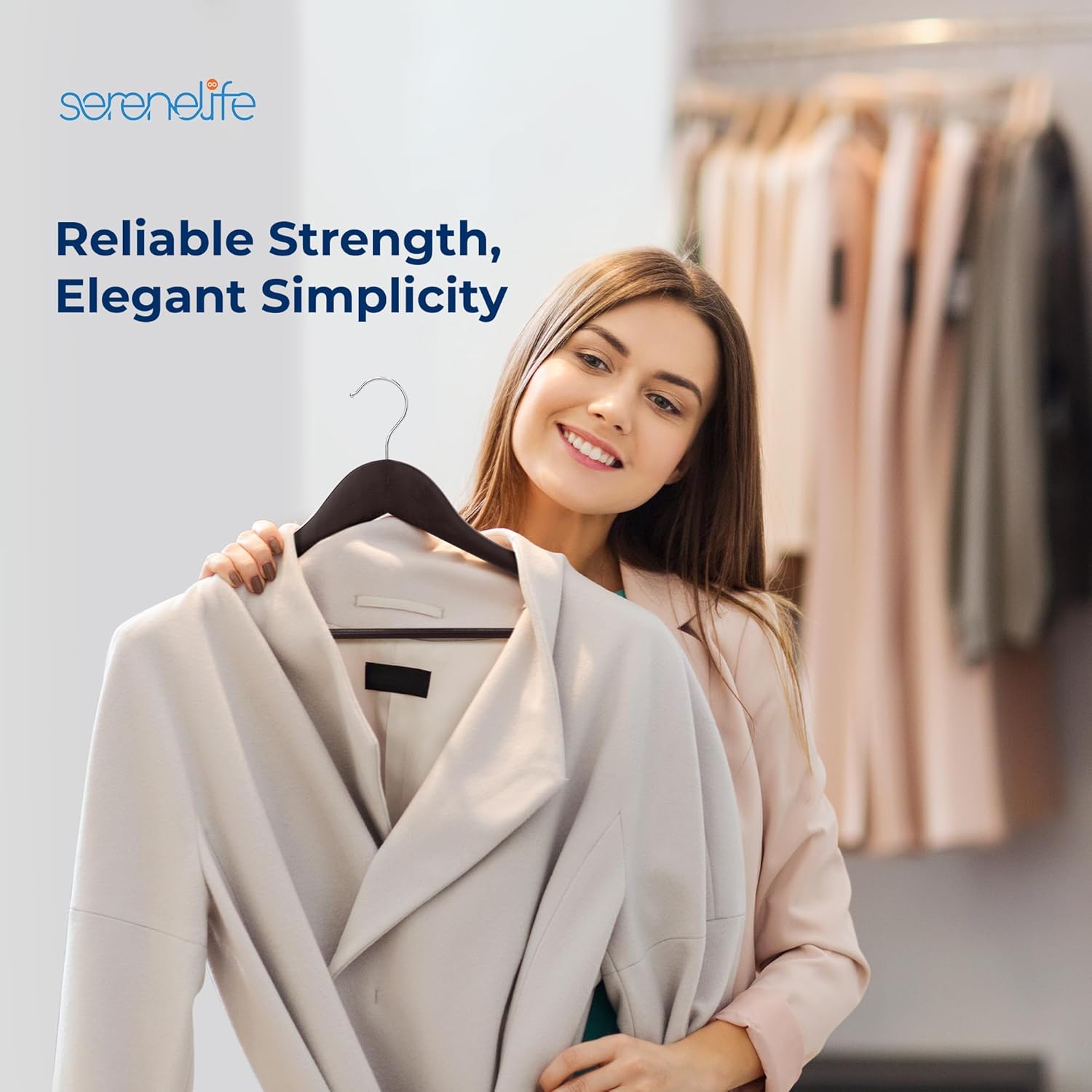 SereneLife 50-Pack Wooden Coat Hangers – Durable Suit Hangers with 360° Swivel Hook & Notches (Brown)