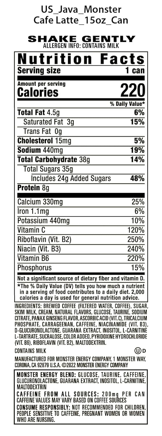 Monster Energy Java Café Latte, Coffee + Energy Drink, 15 Ounce (Pack of 12)