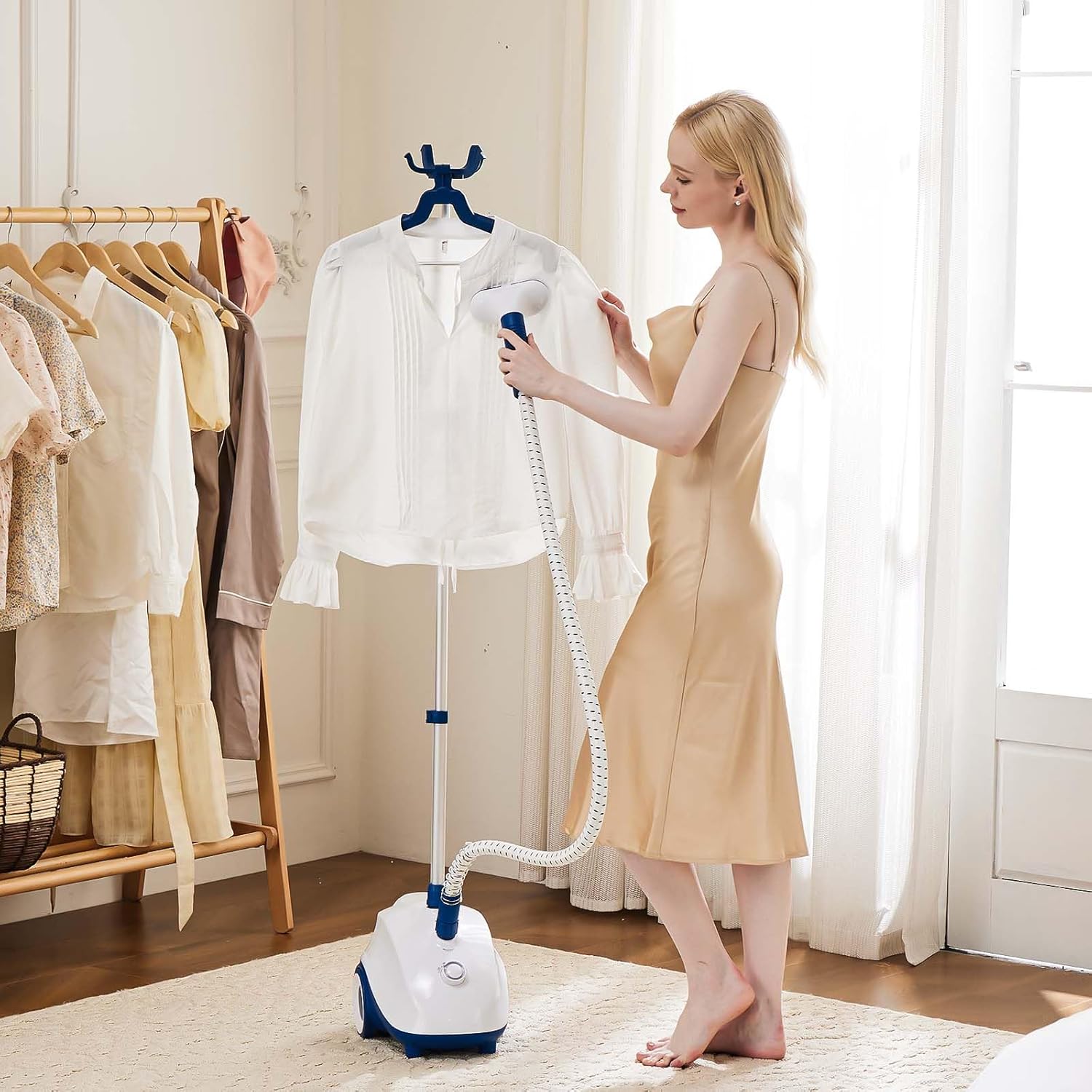 Sweetcrispy Standing Garment Steamer, 1500W Powerful Steamer for Clothes with Roll Wheels, 1.7L Water Tank