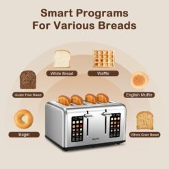 Mecity 4 Slice Toaster Touch Screen Control 4 Wide Slot, Stainless Steel Smart Bread Toaster, 120V 1650W