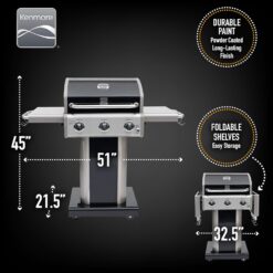 Kenmore 3-Burner Propane Gas Grill with Foldable Side Tables for Outdoor BBQ, Black