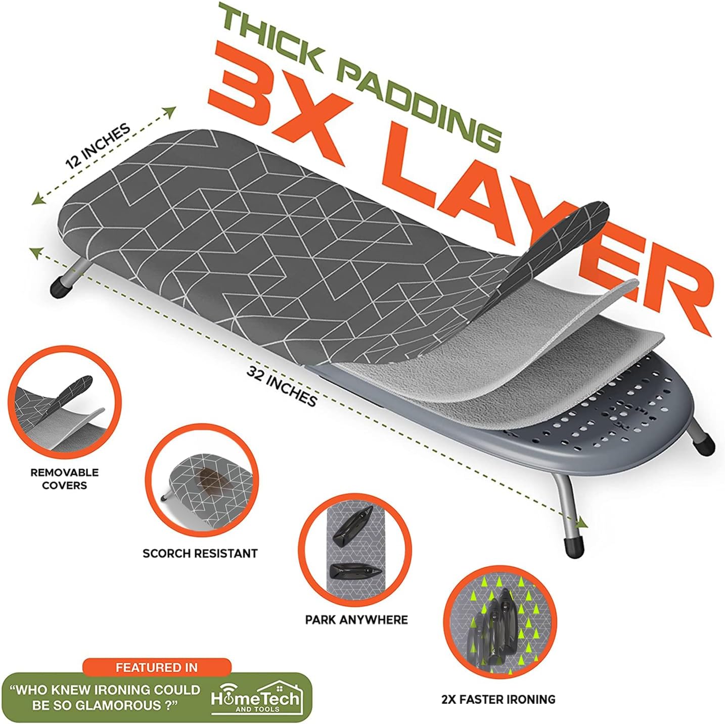 XABITAT Table Top Ironing Board with Wall Mount, D-Crease, Portable Space Saving Mini Laundry Room Iron Board, Green