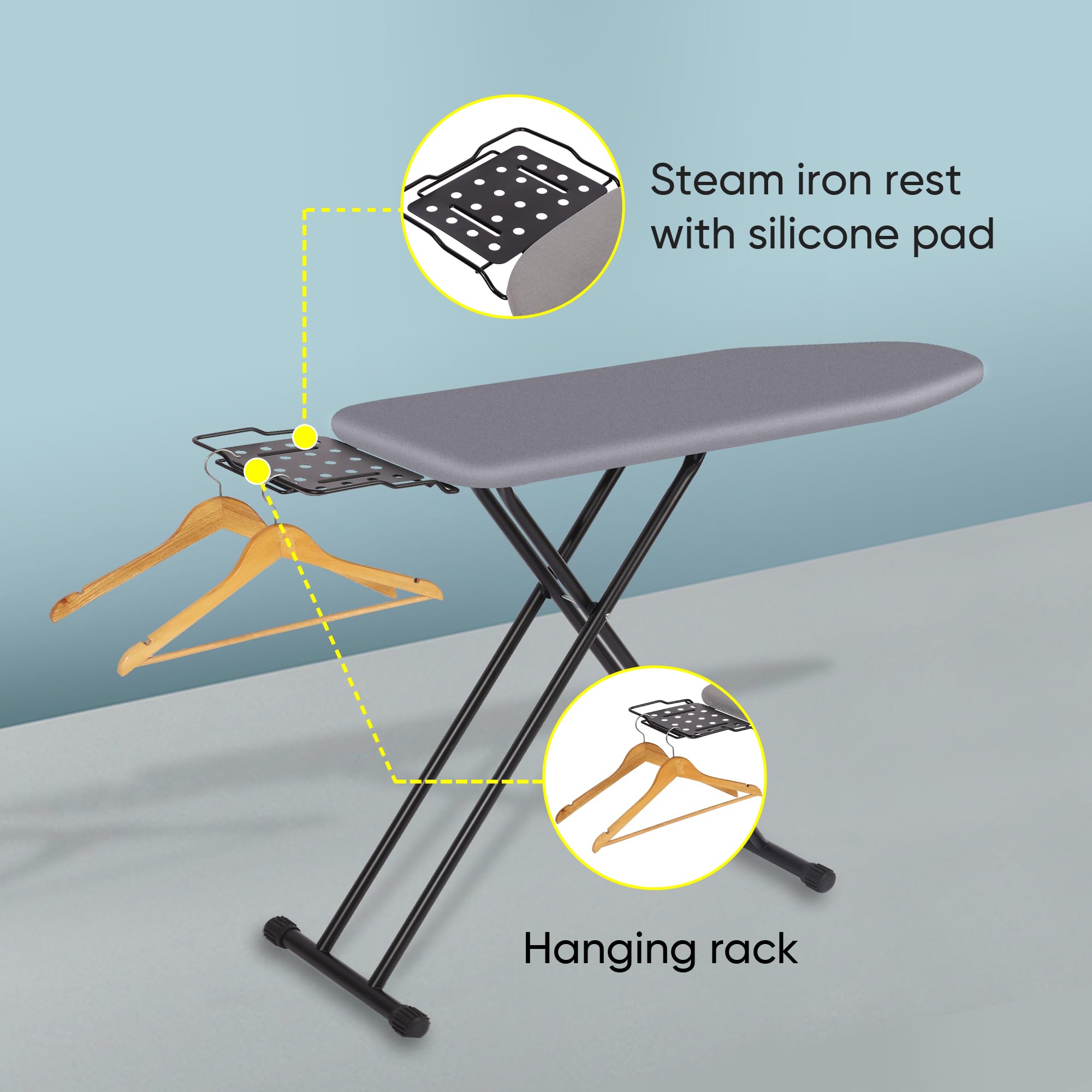 Deluxe Ironing Board with Heat Resistant Cover and Thicken Felt Pad, Heavy Sturdy Legs, Full Size Hanger Iron Board, Foldable (L-Grey)
