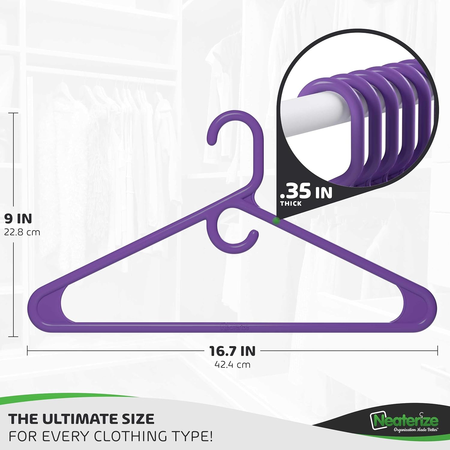 NEATERIZE Ultra Heavy Duty Plastic Clothes Hangers - Purple - Durable Coat, Suit and Clothes Hanger. Perchas De Ropa (24 Pack - Purple)
