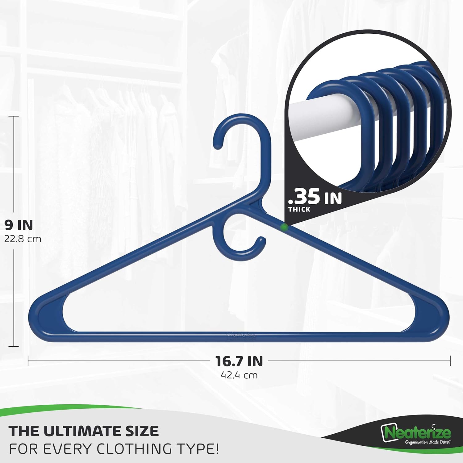 NEATERIZE Ultra Heavy Duty Plastic Clothes Hangers - Navy - Durable Coat, Suit and Clothes Hanger. Perchas De Ropa (24 Pack - Navy)