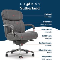La-Z-Boy Sutherland Quilted Executive Office Chair with Padded Arms, Grey