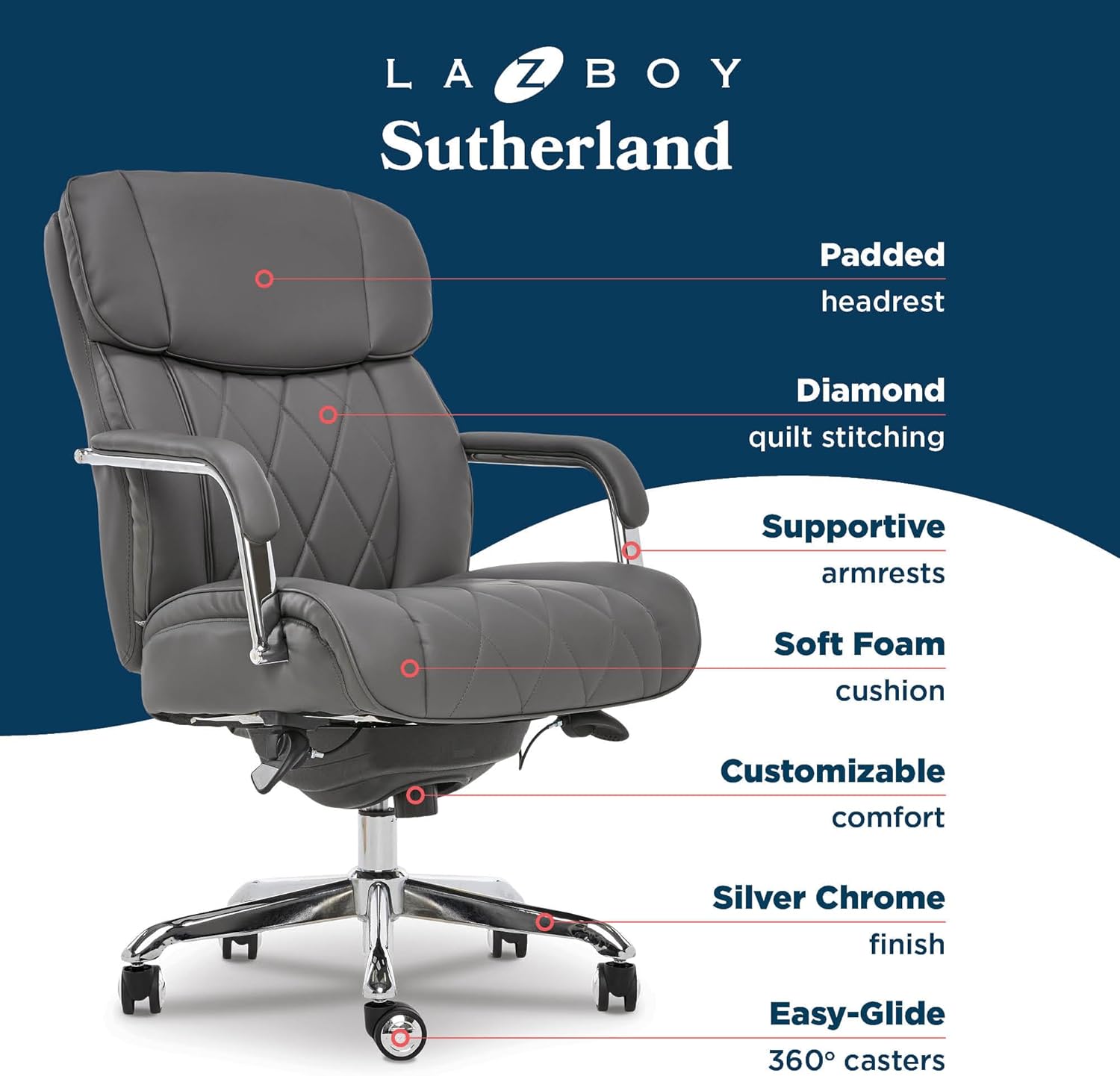 La-Z-Boy Sutherland Quilted Executive Office Chair with Padded Arms, Grey