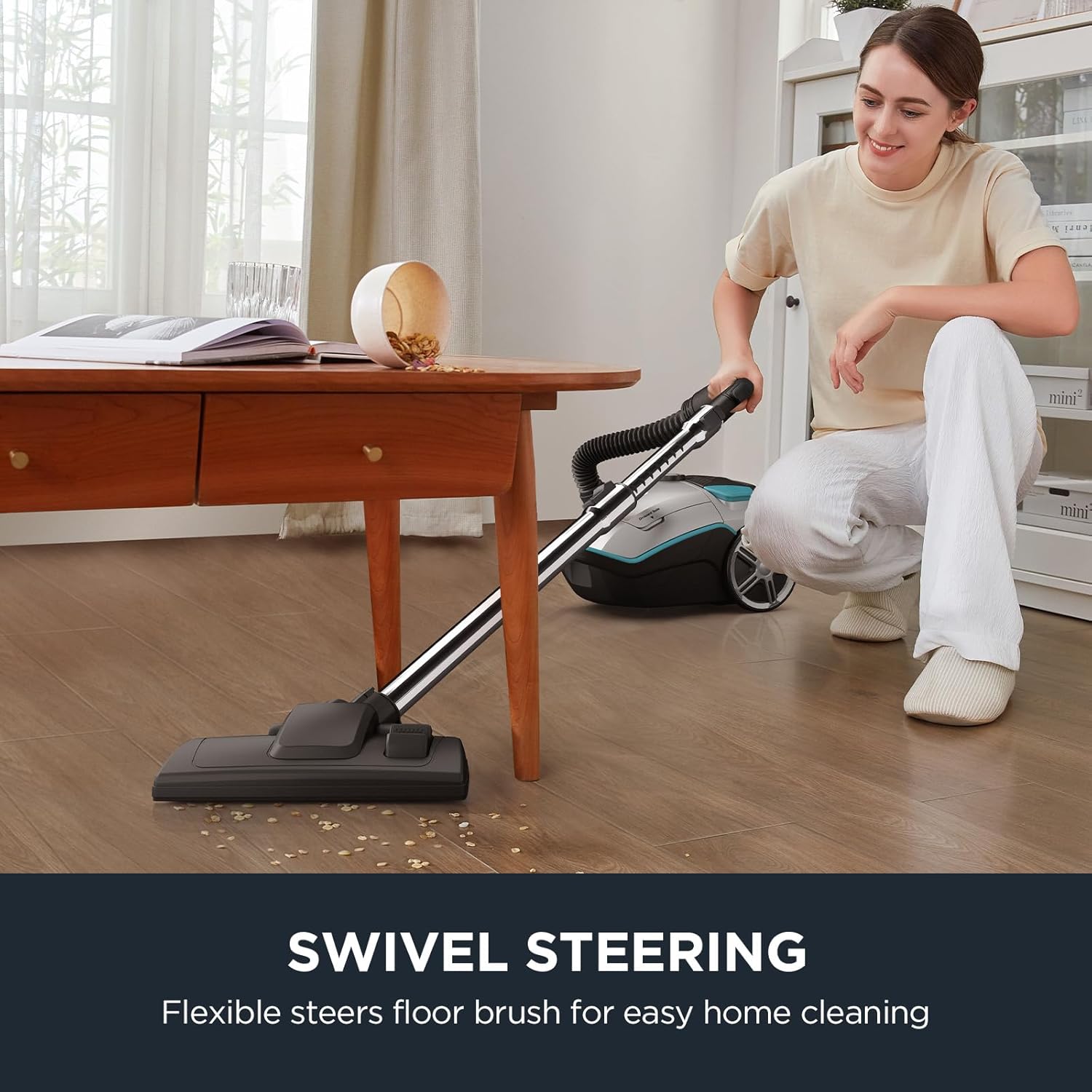 Eureka Canister Vacuum Cleaner, Lightweight Vacuum Cleaner for Carpets and Hard Floors, Silver with Green