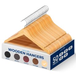 SereneLife Solid Wooden Hangers, Mega Pack, 50 Pieces Hangers for Clothes, Natural Wood Color