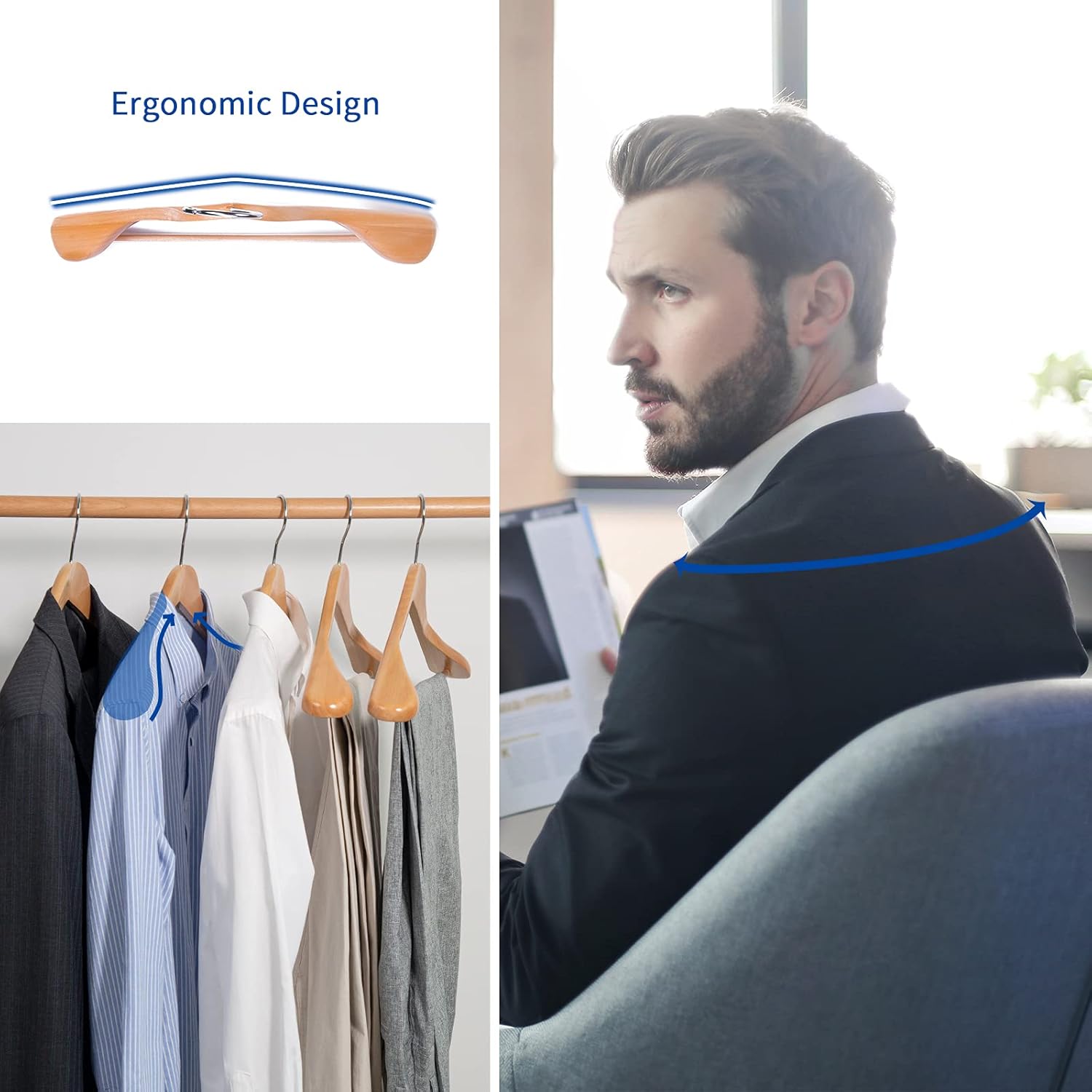 Nature Smile Luxury Natural Wooden Suit Hangers, Wood Coat Hangers, Jacket Outerwear Shirt Hangers - 6 Pack