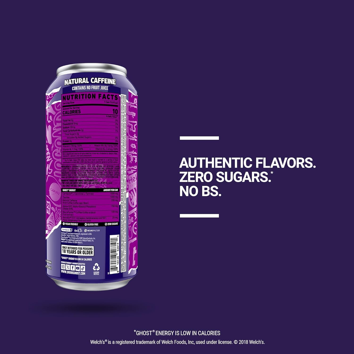 GHOST Energy Drink - 12-Pack, Welch's Grape, 16oz Cans - Energy & Focus & No Artificial Colors