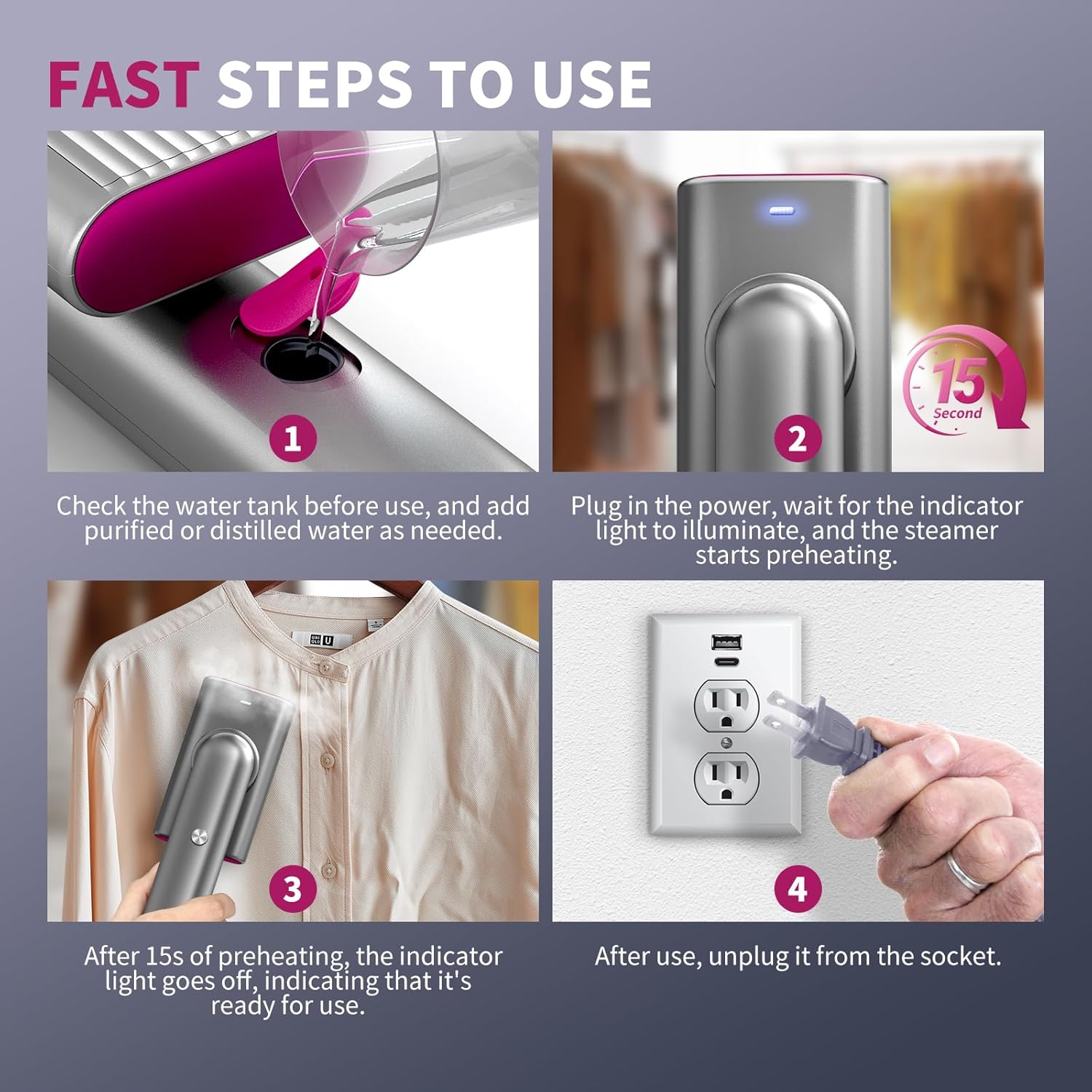 Eoubed Steamer for Clothes, Portable Travel Handheld Clothing Wrinkles Remover for Clothes, 15s Fast Heat-up