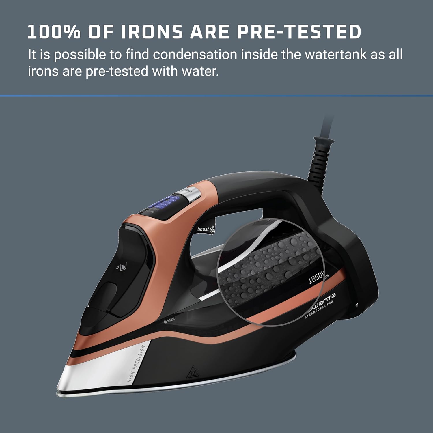 Rowenta Iron Steam Force Pro Steam Iron for Clothes 1850 watts, 5 presets Smart Screen, Stainless Steel Soleplate, Black Copper