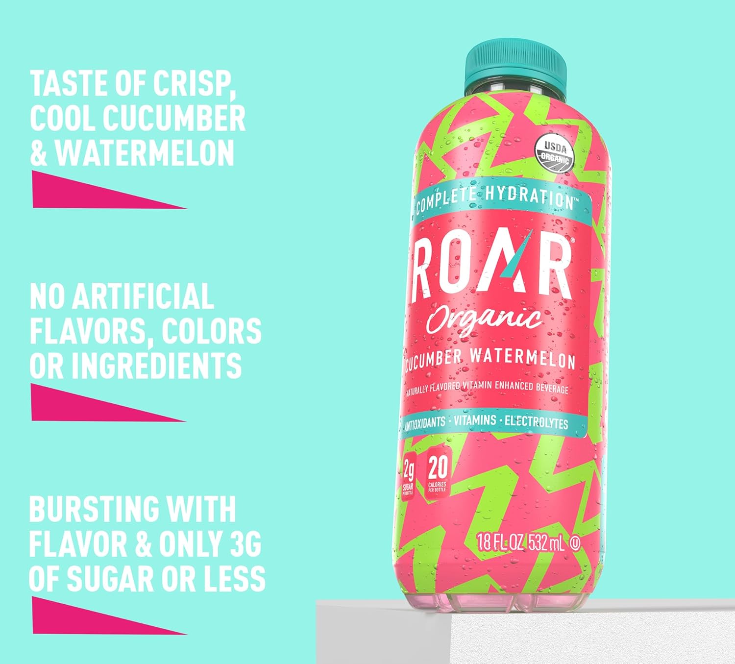 Roar Organic Electrolyte Infusions - USDA Organic - Cucumber Watermelon, Coconut Water Infused Beverage 18 Fl Oz (Pack of 12)