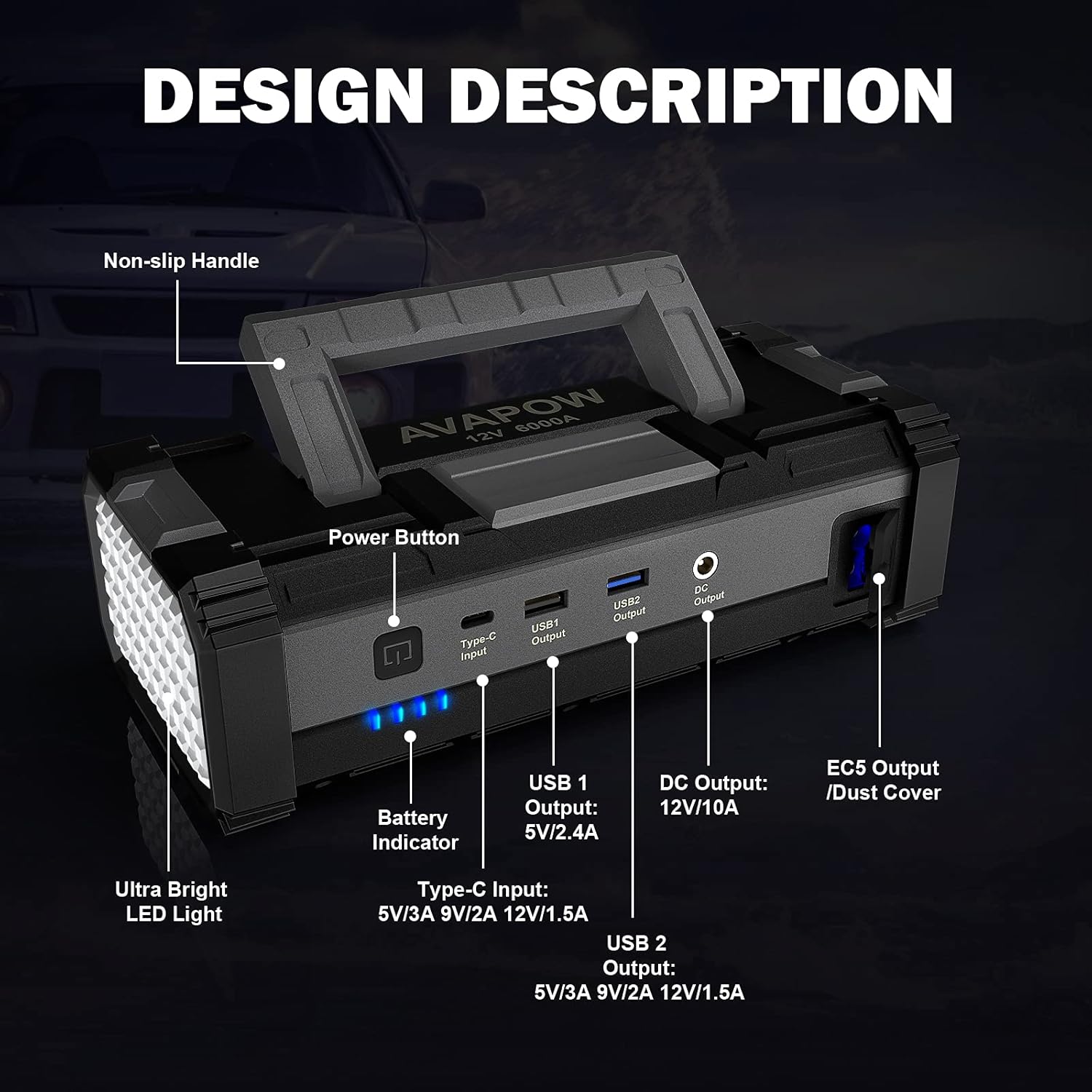AVAPOW 6000A Car Battery Jump Starter (for All Gas or up to 12L Diesel) Powerful Car Jump Starter