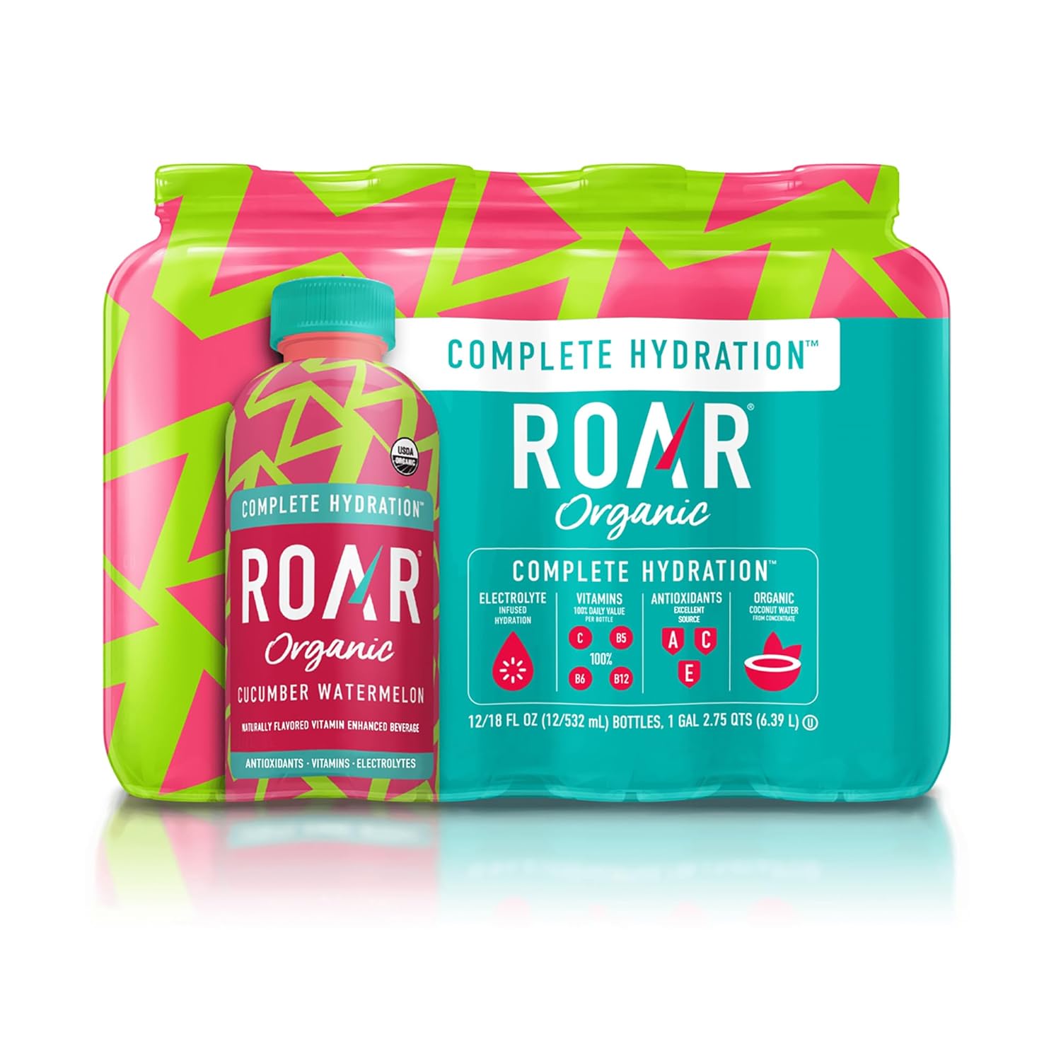 Roar Organic Electrolyte Infusions - USDA Organic - Cucumber Watermelon, Coconut Water Infused Beverage 18 Fl Oz (Pack of 12)