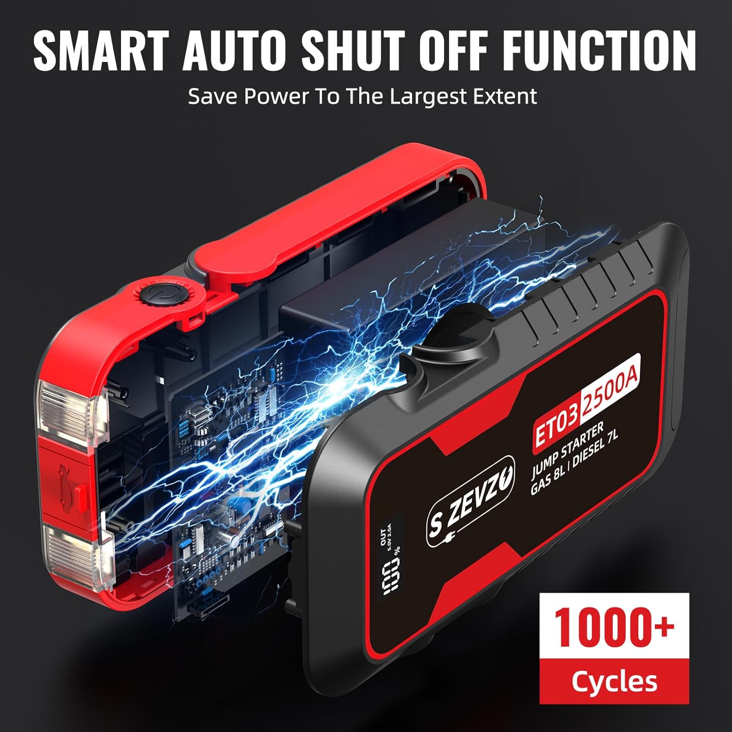 S ZEVZO ET03 Car Jump Starter 2500A Jump Starter Battery Pack for Up to 8.0L Gas and 7.0L Diesel Engines, 74Wh Portable 12V Jump Box