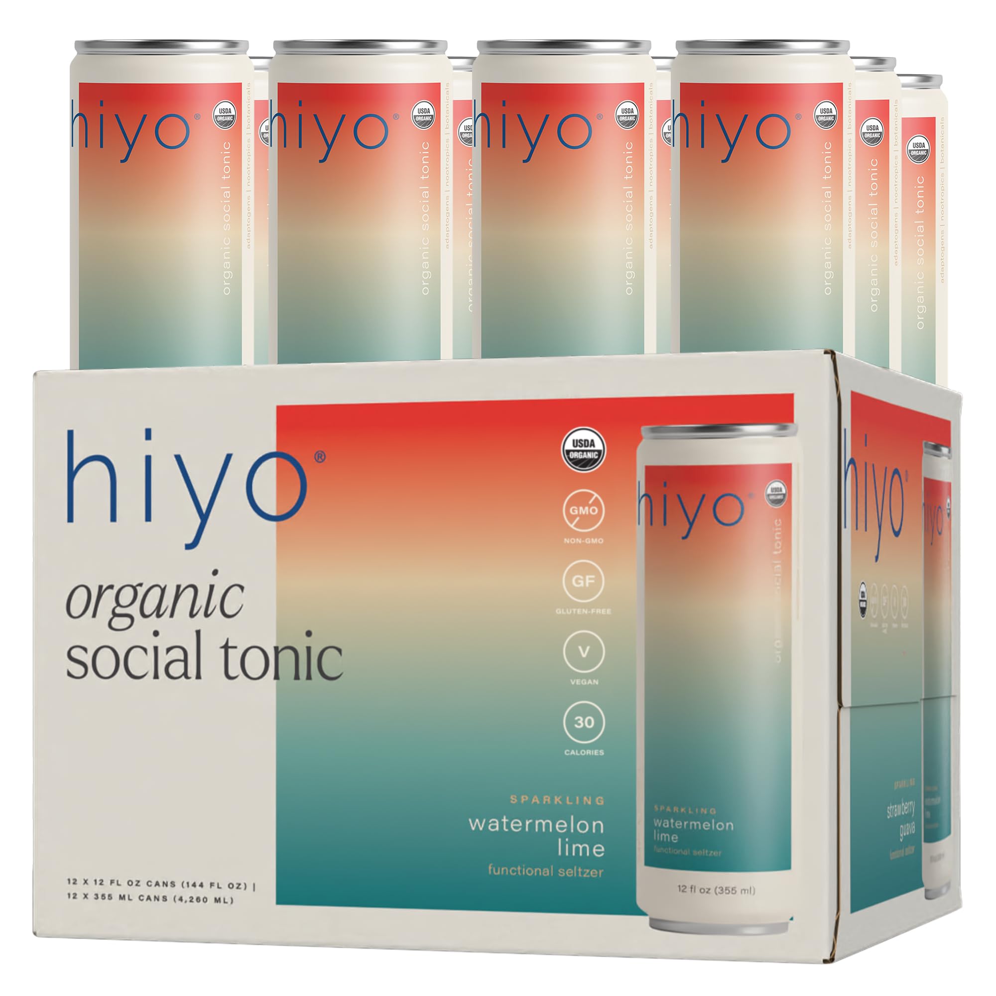 Hiyo Organic Social Tonic - Watermelon Lime, 12 Pack - N.A. Functional Seltzer, Sparkling Water Crafted with Organic Adaptogens