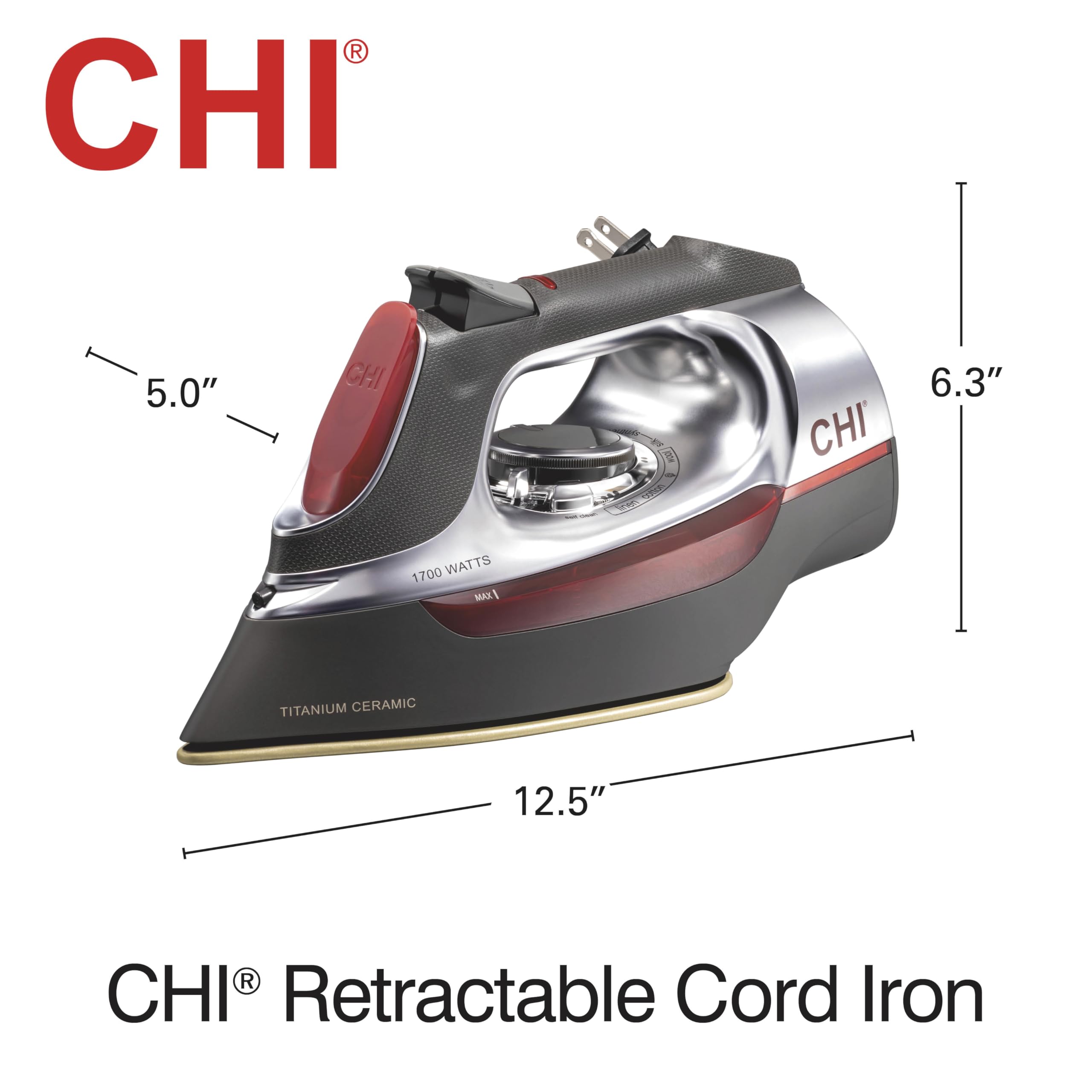 CHI Steam Iron for Clothes with 8’ Retractable Cord, 1700 Watts, 3-Way Auto Shutoff, 400+ Holes, Silver (13106)