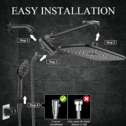 Veken High Pressure Rain Shower Head Combo with Extension Arm- Wide Showerhead with 6 Handheld Water Spray - Matte Black