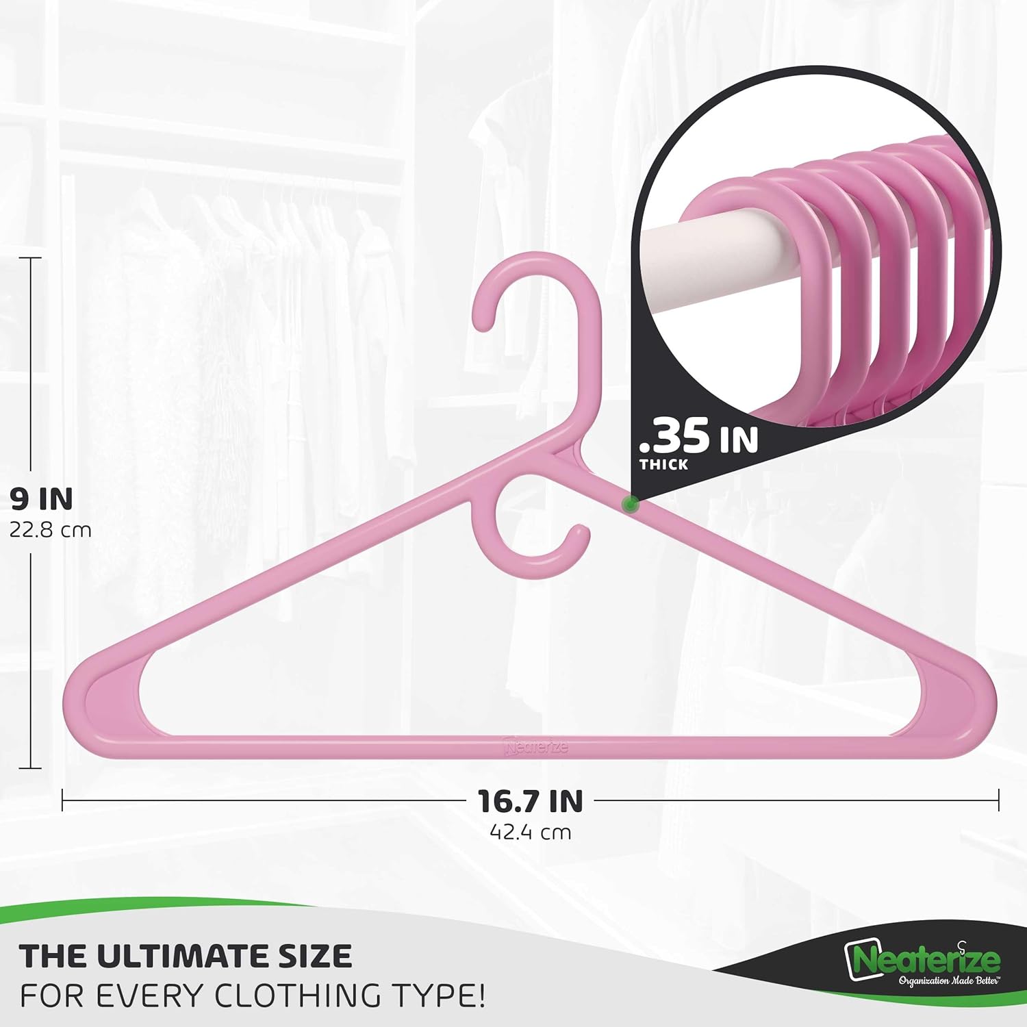 NEATERIZE Ultra Heavy Duty Plastic Clothes Hangers - Pink - Durable Coat, Suit and Clothes Hanger. Perchas De Ropa (24 Pack - Pink)