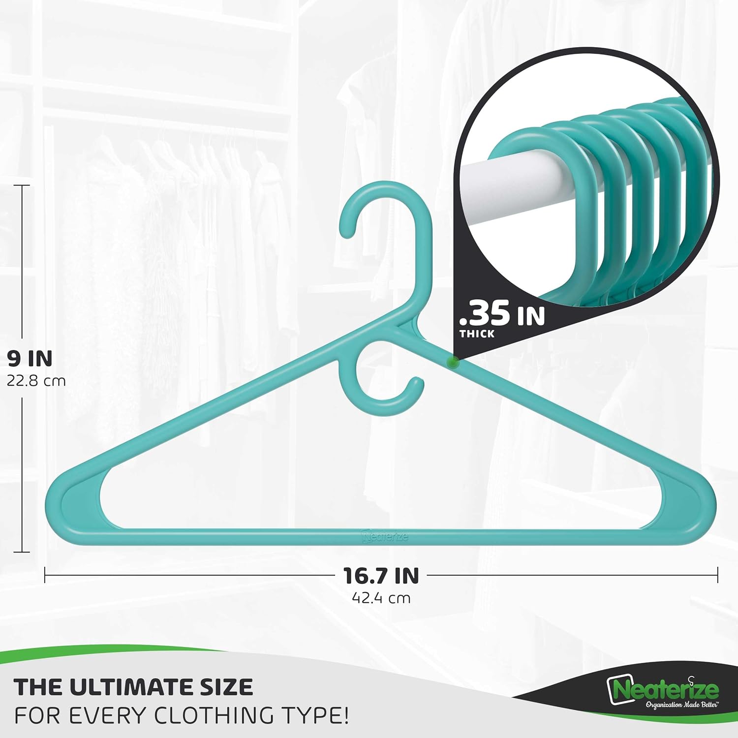 NEATERIZE Ultra Heavy Duty Plastic Clothes Hangers - Aqua - Durable Coat, Suit and Clothes Hanger. Perchas De Ropa (24 Pack - Aqua)