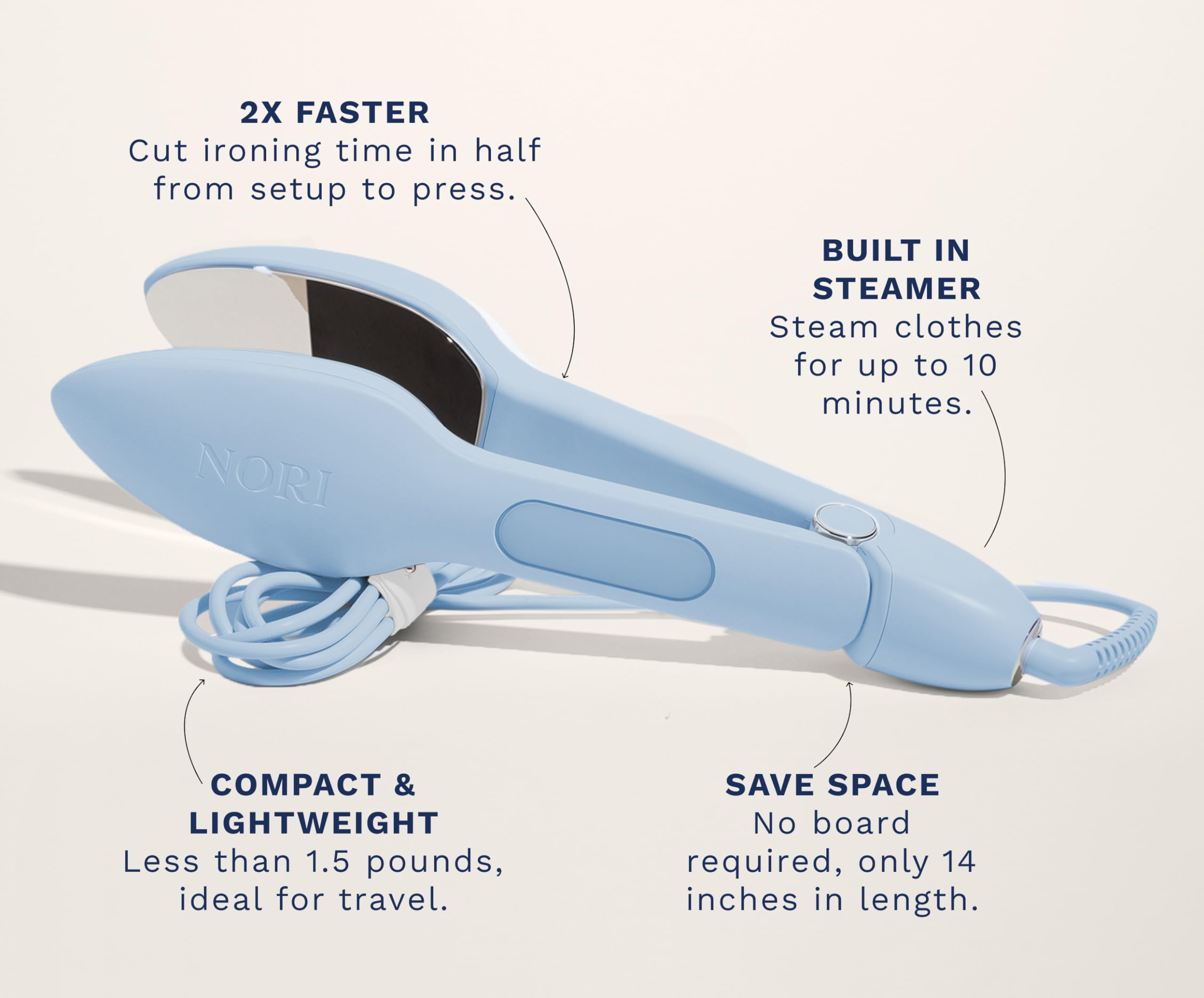 Nori Press Travel Steam Iron - Handheld Iron With Optional Steam Feature - No Ironing Board Required - Blue