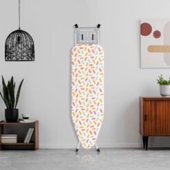BKTD Ironing Board, Heat Resistant Cover Iron Board with Steam Iron Rest, Heavy Sturdy Metal Frame Legs Iron Stand, Geometric White