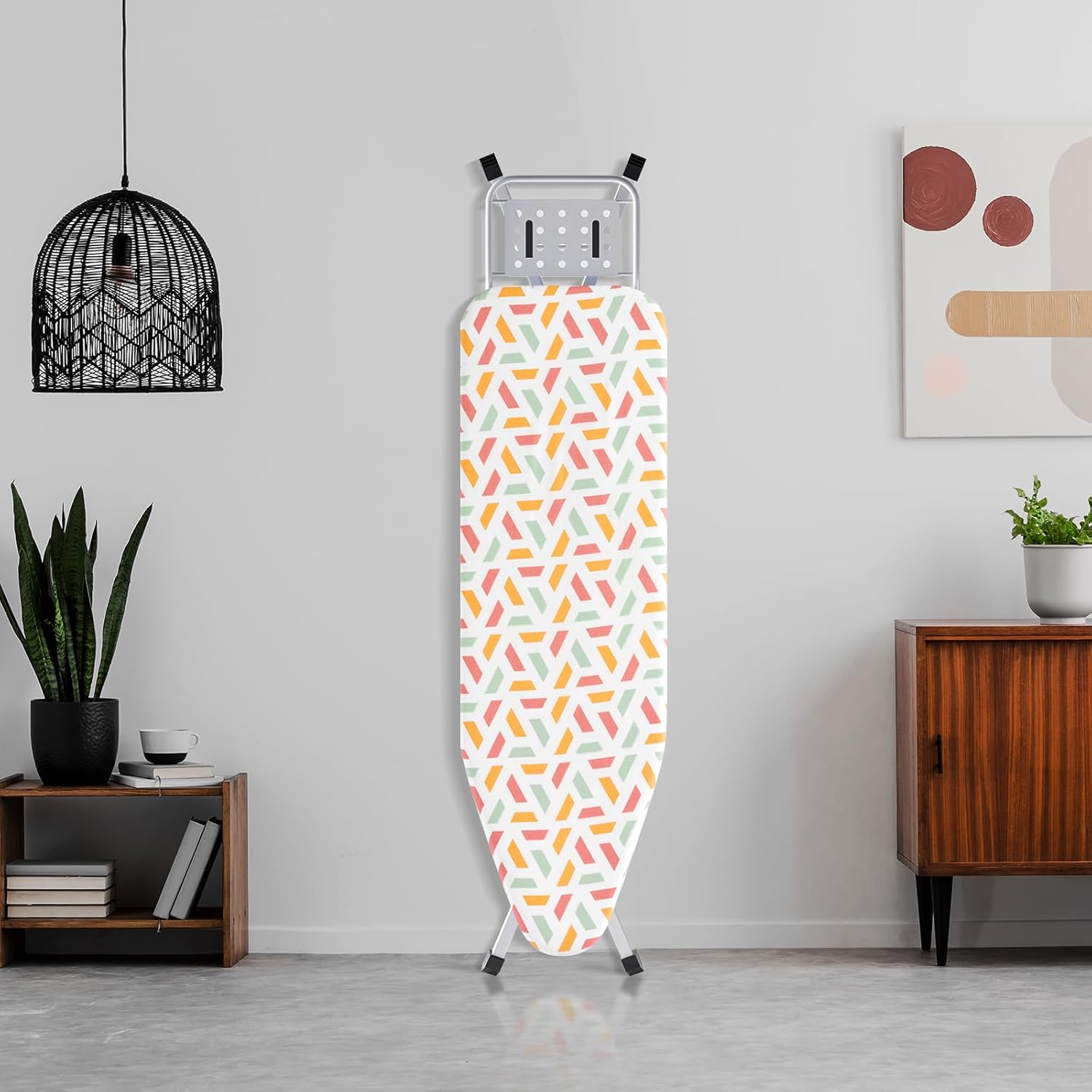 BKTD Ironing Board, Heat Resistant Cover Iron Board with Steam Iron Rest, Heavy Sturdy Metal Frame Legs Iron Stand, Geometric White