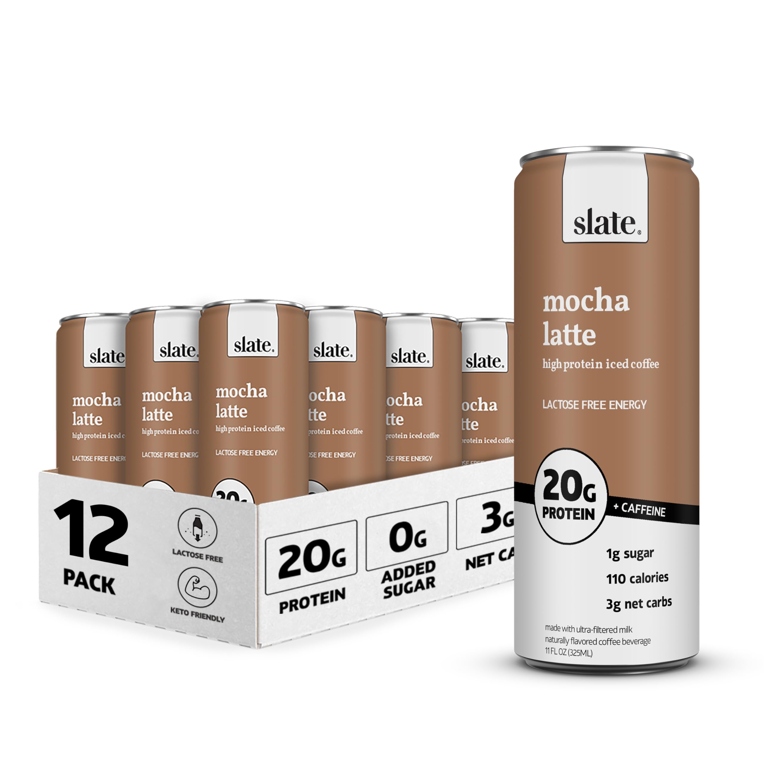Slate Milk - Mocha Latte, No Sugar Added - Protein Coffee - 11 fl oz, 12 Cans