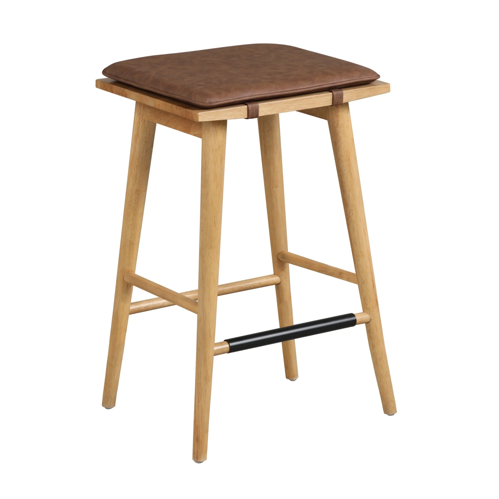 Nathan James Barker 24" Counter Height Backless Wood Barstool with Leather Removable Cushion for Kitchen, Chestnut Brown
