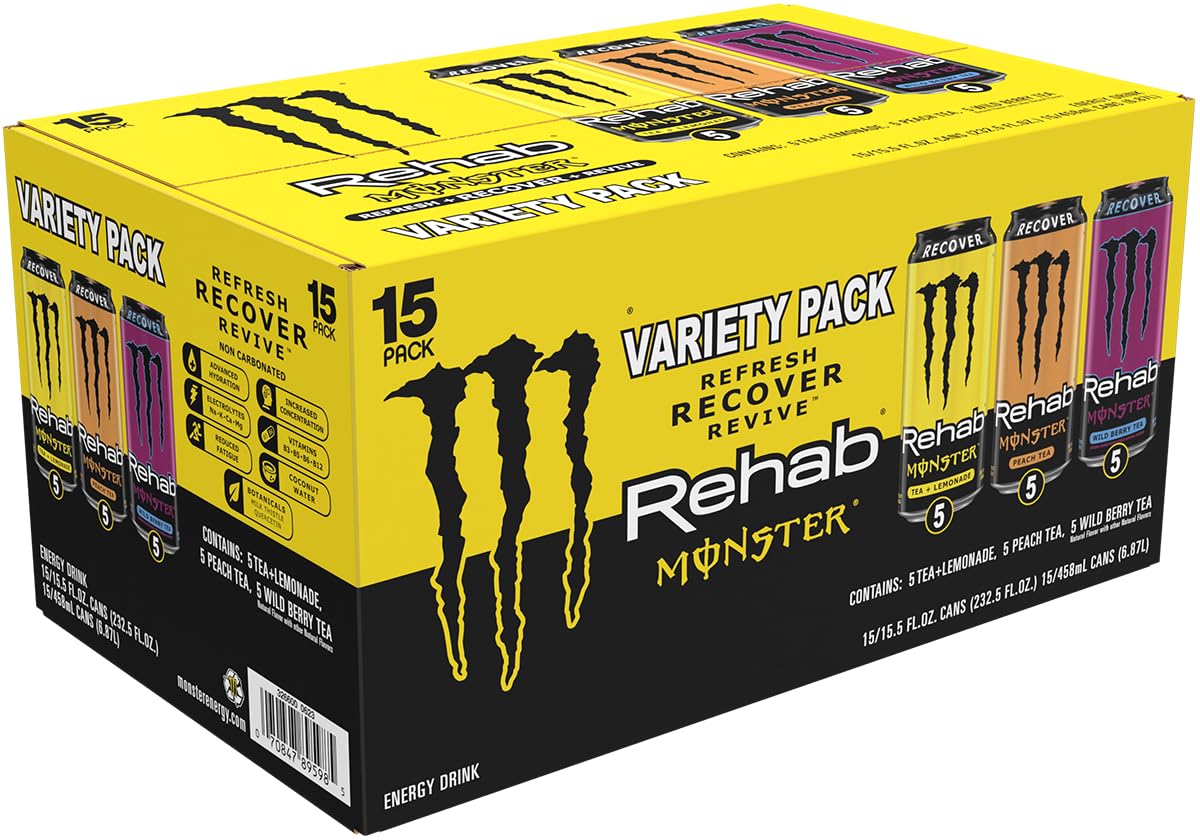 Monster Energy Rehab Tea + Lemonade, Peach Tea, Wild Berry Tea, Variety Pack, Energy Iced Tea,15.5 Ounce (Pack of 15)