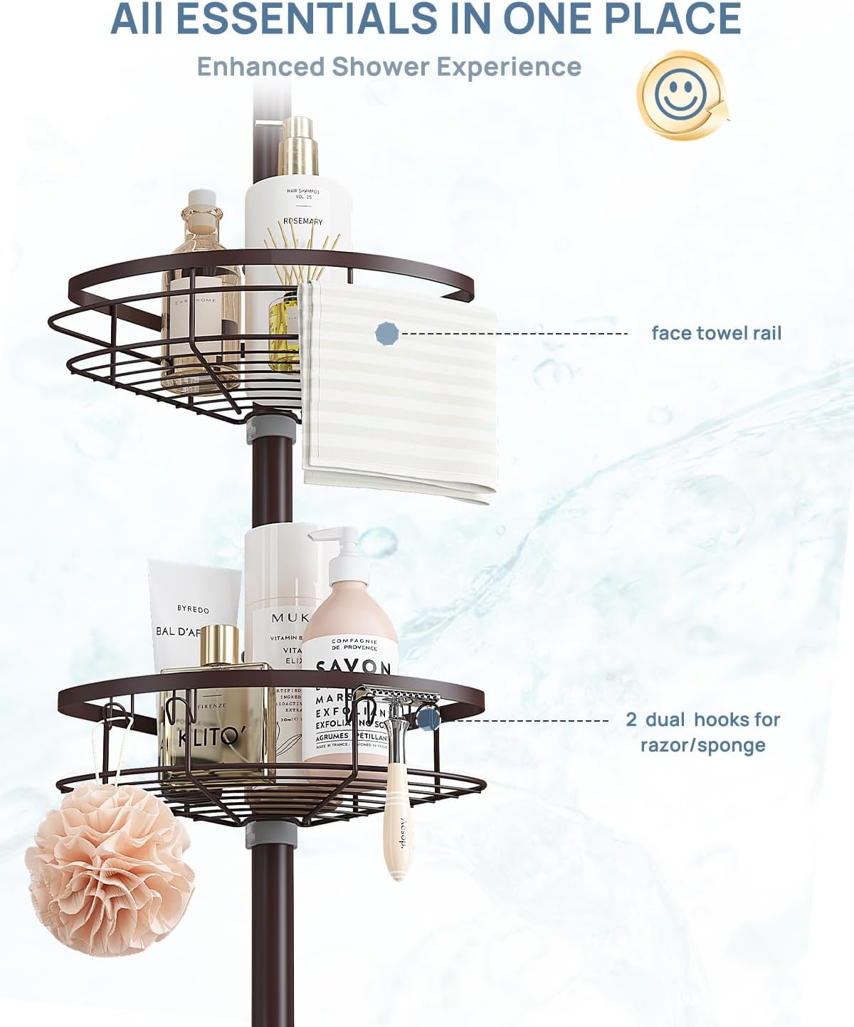 SEIRIONE Rustproof Shower Corner Caddy Organizer for Bathroom,Tension Pole with 4 Baskets,39.2 to 113 Inch Height, Bronze