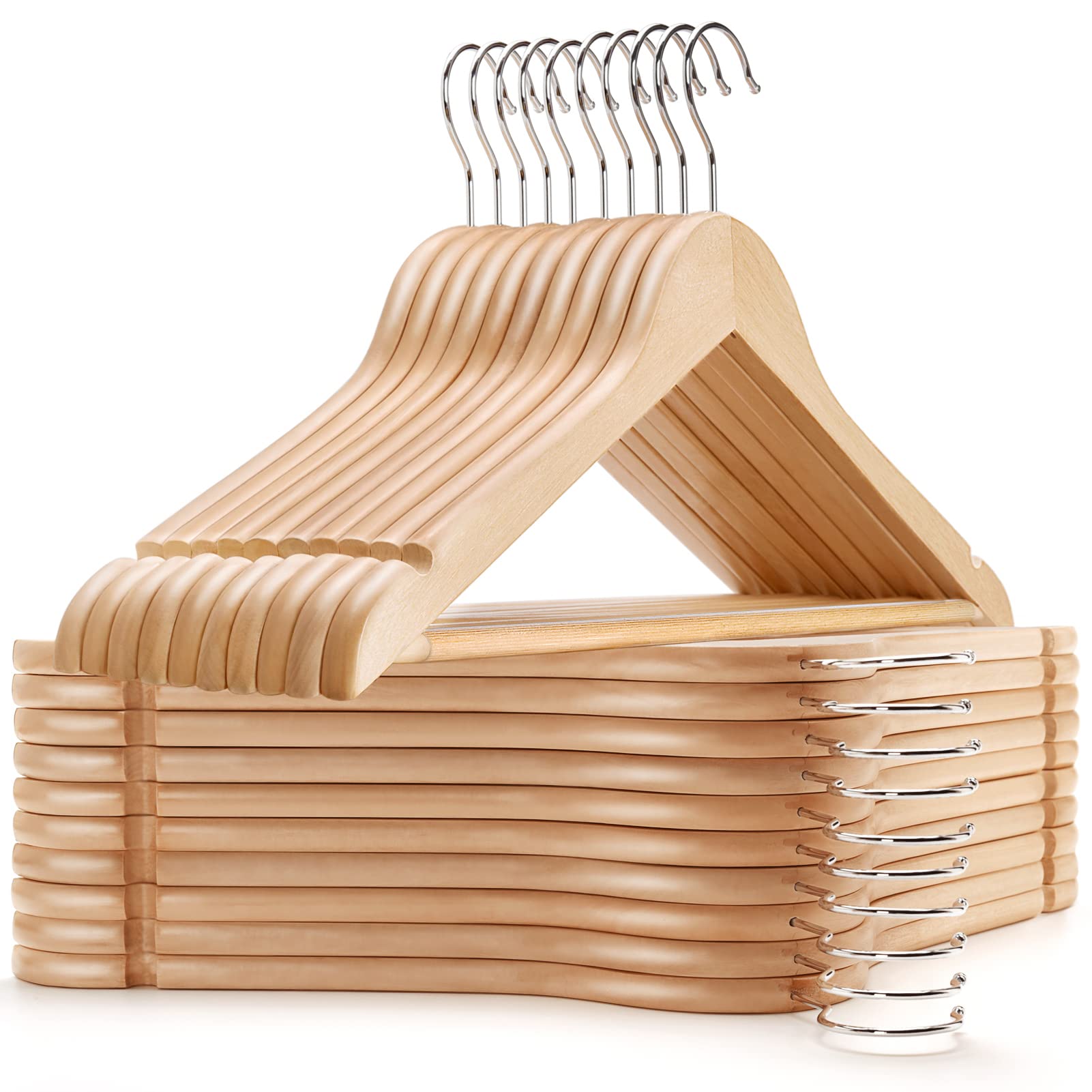 Amber Home 30 Pack Wooden Coat Hangers, Natural Wood Suit Hangers with Non Slip Pant Bar (Natural, 30)