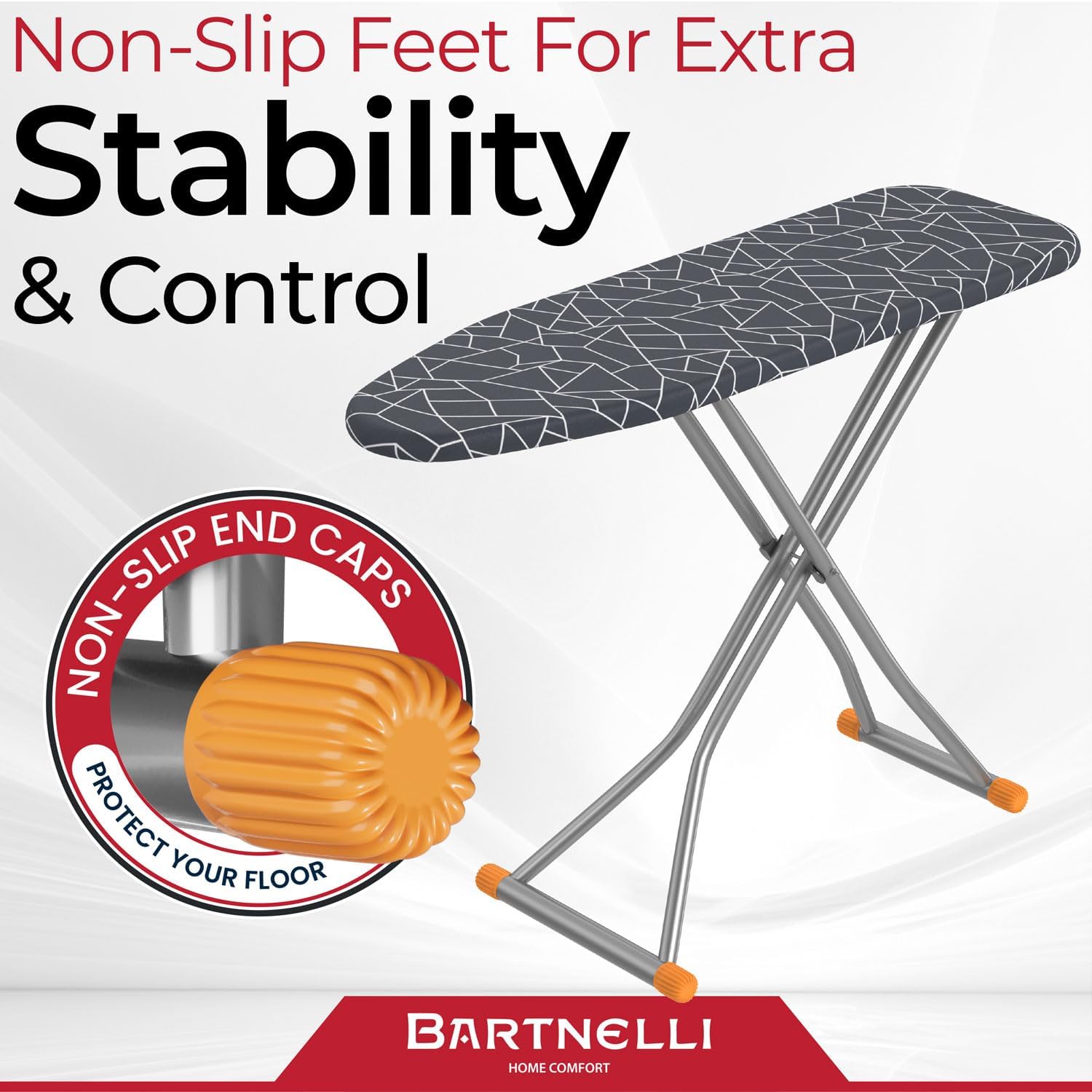 Bartnelli Ironing Board, Space-Saving and Ultimate Iron Board Experience 13x43 Reinforced Steel Legs, Adjustable Height