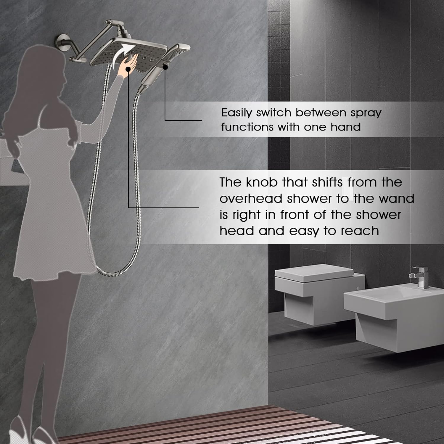 BRIGHT SHOWERS Shower Head Combo with Two Spray Setting, Fixed Shower Head and Handheld with Grey Face, Brushed Nickel