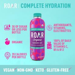 Roar Organic Electrolyte Infusions - USDA Organic - Blueberry Acai, Coconut Water Infused Beverage 18 Fl Oz (Pack of 12)