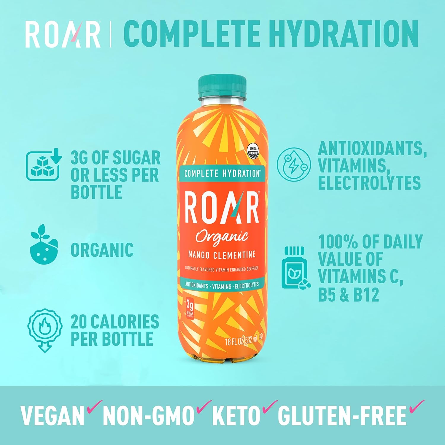 Roar Organic Electrolyte Infusions - USDA Organic - Mango Clementine, Coconut Water Infused Beverage 18 Fl Oz (Pack of 12)