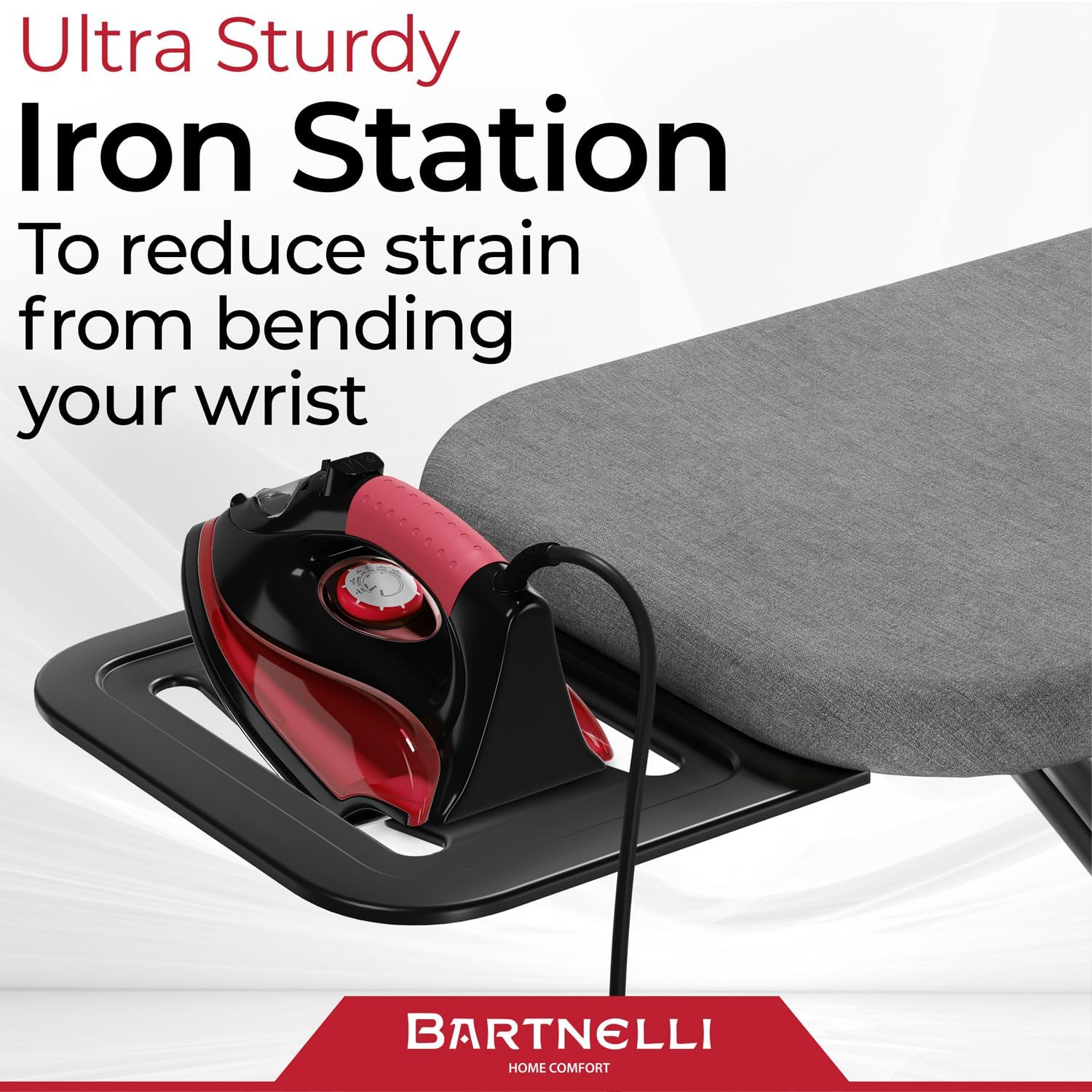 Bartnelli Ironing Board with 4 Layered Cover & Pad, Height Adjustable up to 36" Features A Safety Iron Rest, 4 Steel Legs (43x14)