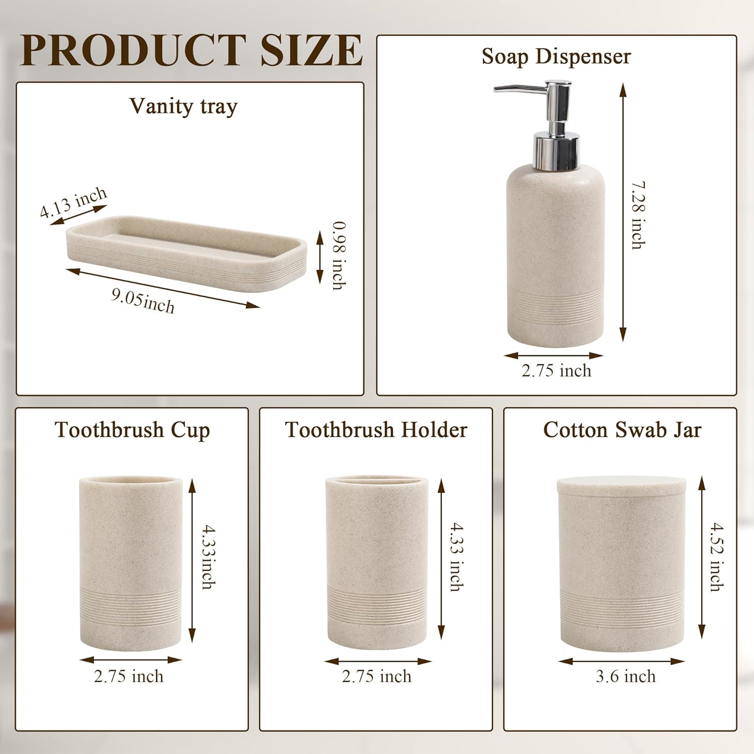 YMXYJM Bathroom Accessories Set, 6-Piece Bathroom Accessory Set, Toothbrush Holders Set, Soap Dispenser (Beige)