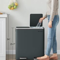 SONGMICS Trash Can, 2 x 8 Gallon (2 x 30 L) Garbage Can for Kitchen, Greenish-Gray ULTB60GS02