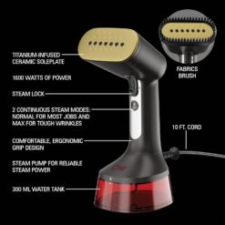 CHI Handheld Garment Steamer for Clothes, 2 Continuous Steam Modes, Full-Size 300 ml Capacity Water Tank, 1600 Watts, Red (11590)