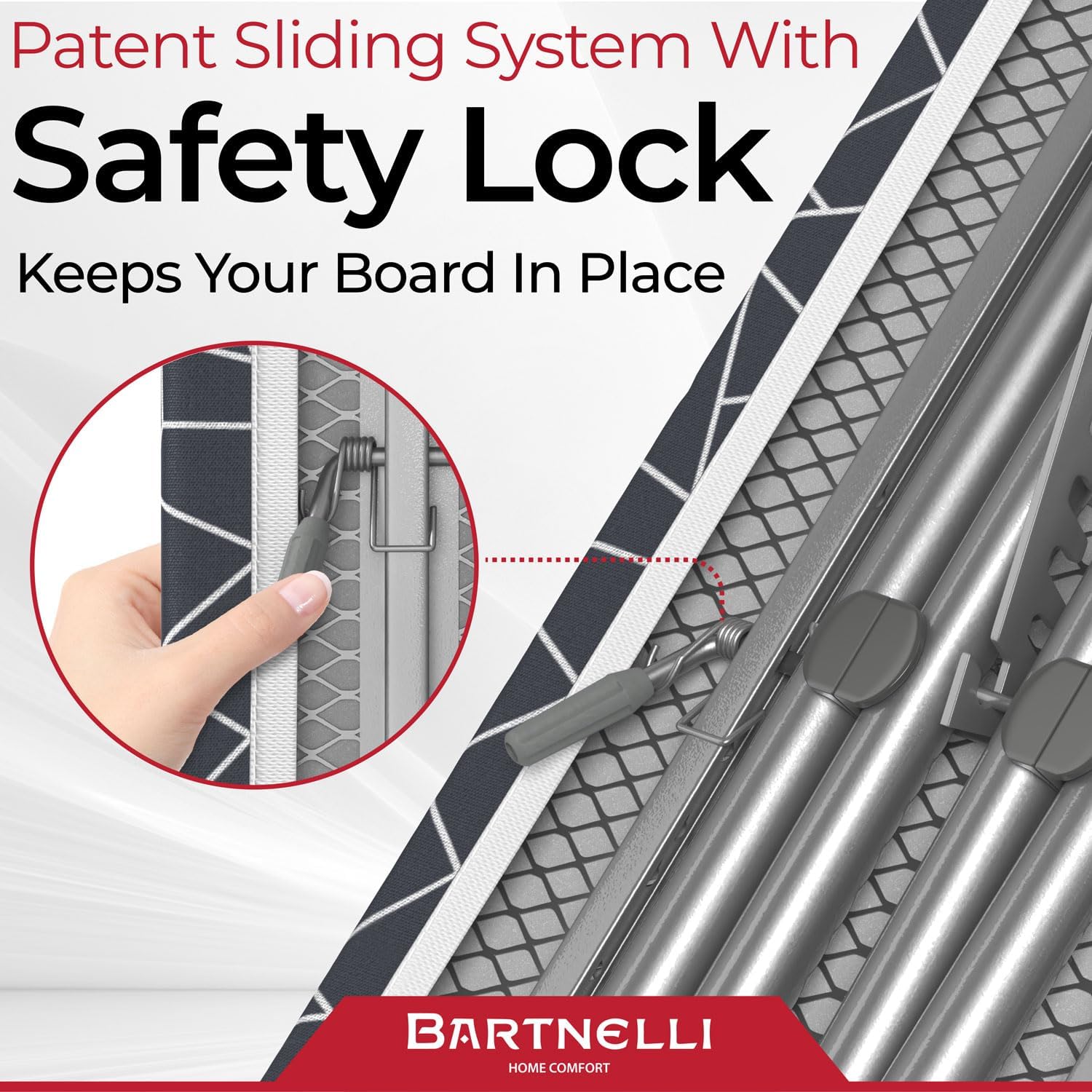 Bartnelli Ironing Board, Space-Saving and Ultimate Iron Board Experience 13x43 Reinforced Steel Legs, Adjustable Height