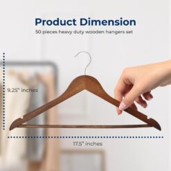SereneLife 50-Pack Wooden Coat Hangers – Durable Suit Hangers with 360° Swivel Hook & Notches (Vintage)