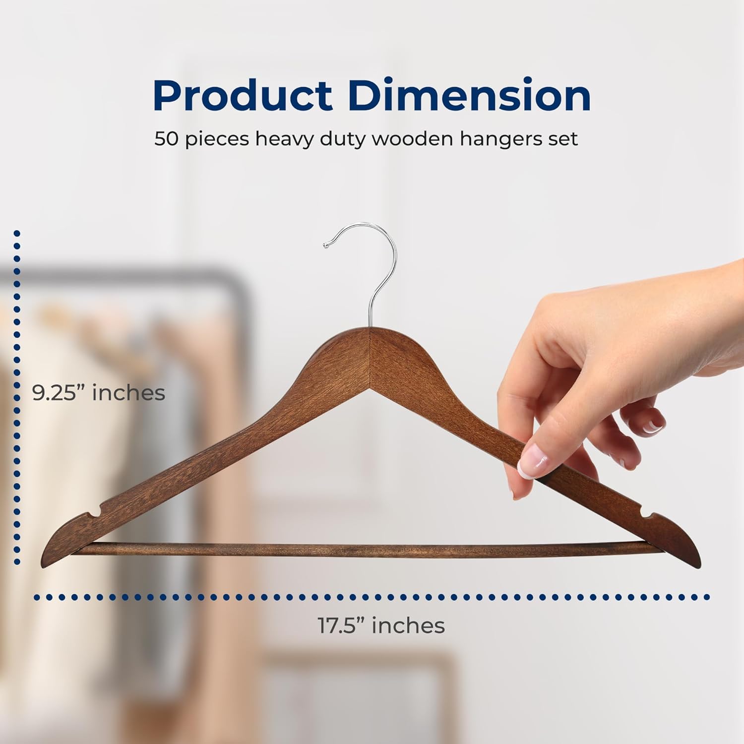 SereneLife 50-Pack Wooden Coat Hangers – Durable Suit Hangers with 360° Swivel Hook & Notches (Vintage)