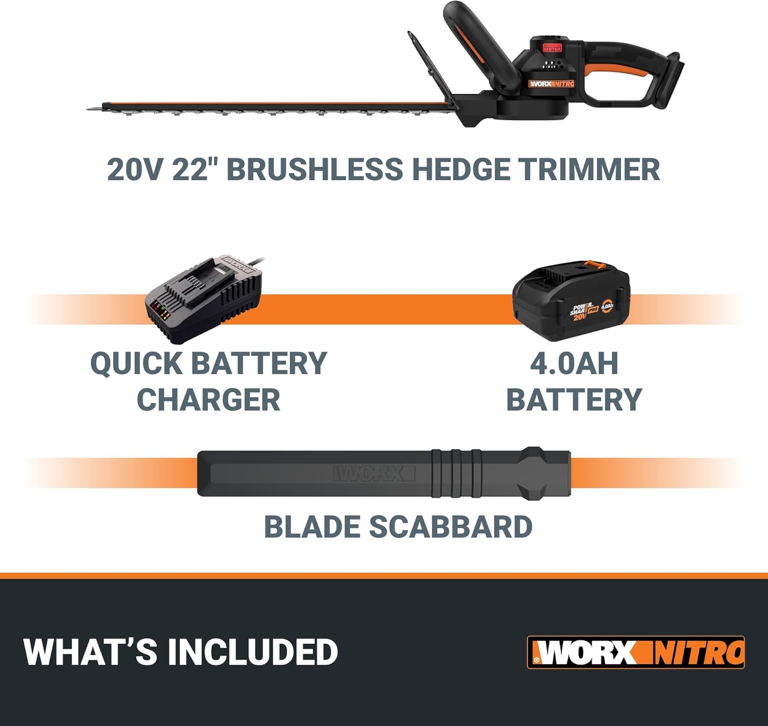 WORX Nitro 20V 22" Hedge Trimmer Cordless, Lightweight Cordless Hedge Trimmer with Dual-Action Blades 3400 SPM