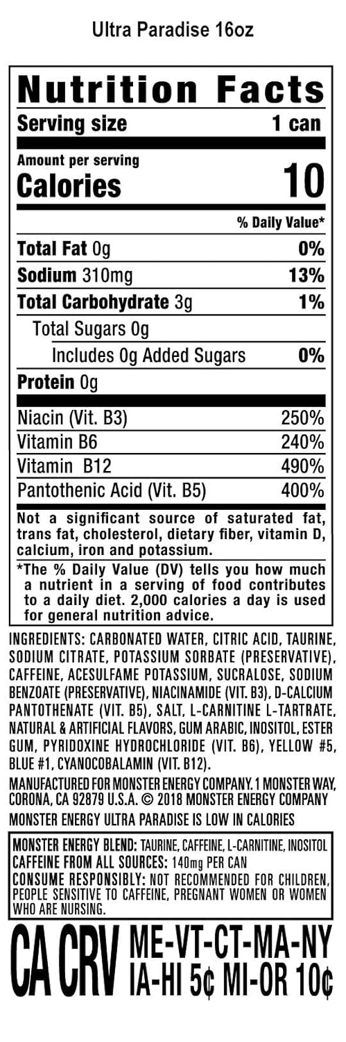 Monster Energy Ultra Paradise, Sugar Free Energy Drink, 16 Ounce (Pack of 15)