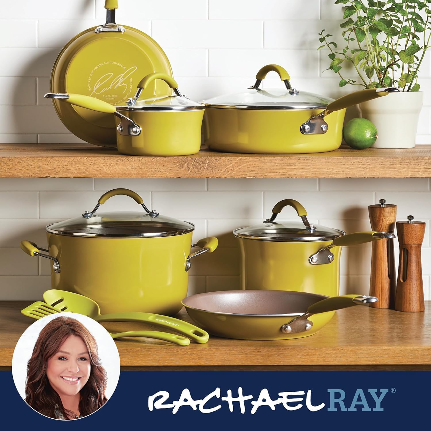 Rachael Ray Cucina Nonstick Cookware Pots and Pans Set, 12 Piece, Lemongrass Green